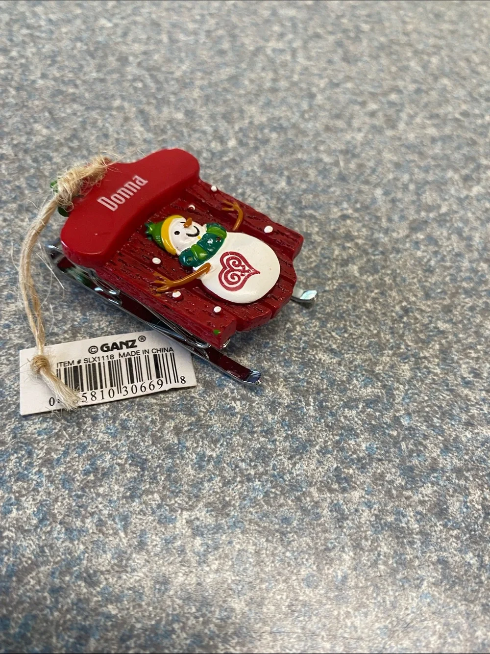 GANZ NEW Red Sled with Snowman Ornament with The Name Donna on top of Sled